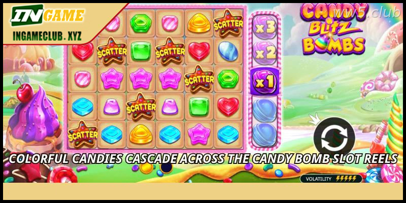 Colorful candies cascade across the Candy Bomb Slot reels